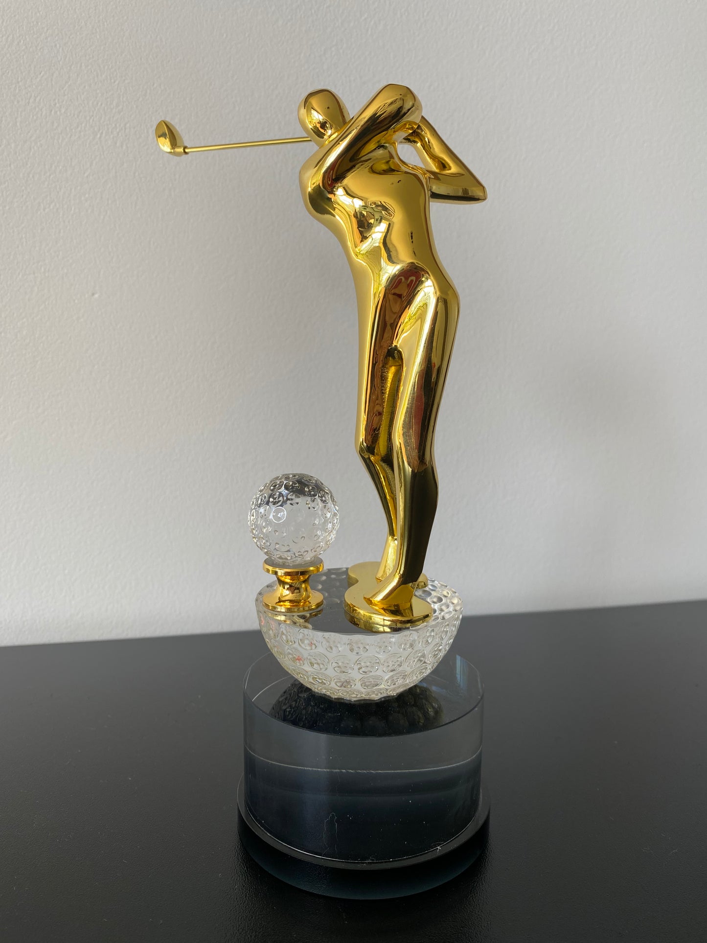 Modern Gold Golf Swing Trophy on Crystal Base
