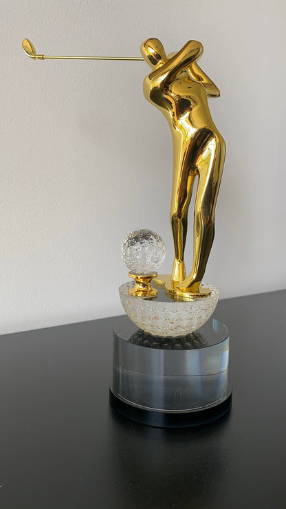 Modern Gold Golf Swing Trophy on Crystal Base