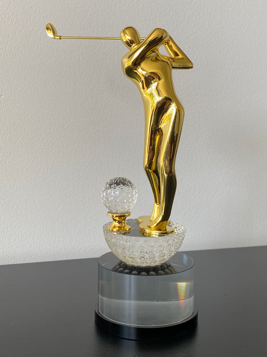Modern Gold Golf Swing Trophy on Crystal Base