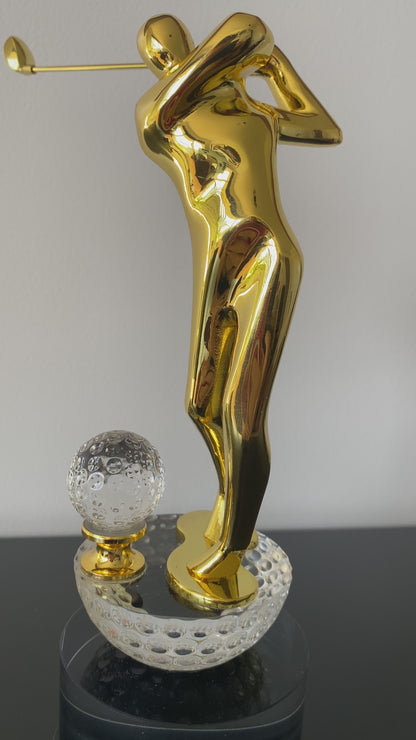 Modern Gold Golf Swing Trophy on Crystal Base